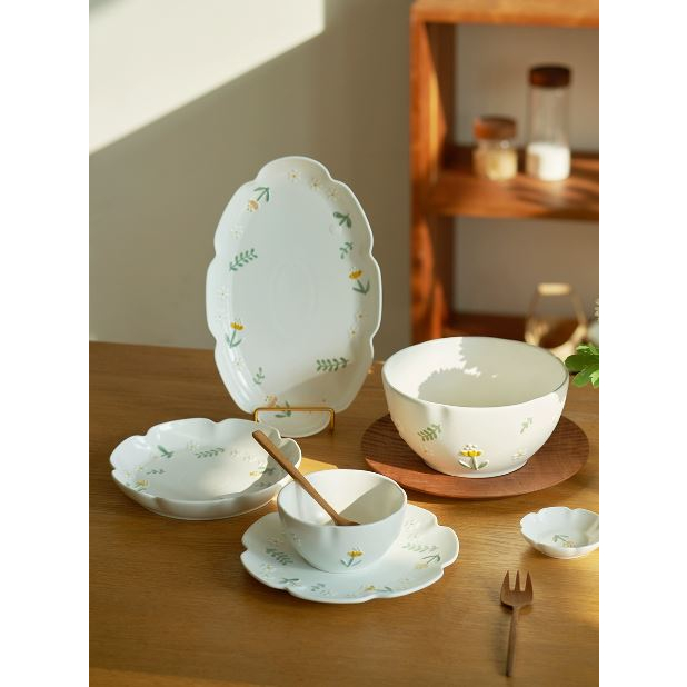 Set bộ bát đĩa canh ăn bát mì, bát gốm sứ, đĩa dài, đĩa tròn hoa nhí