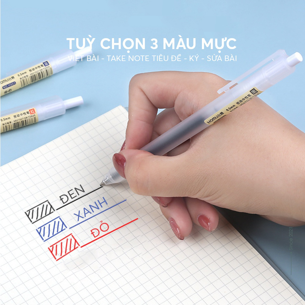 Bút bi mực gel thân mờ ngòi 0.5mm 3 màu đen đỏ viết trơn ra đều