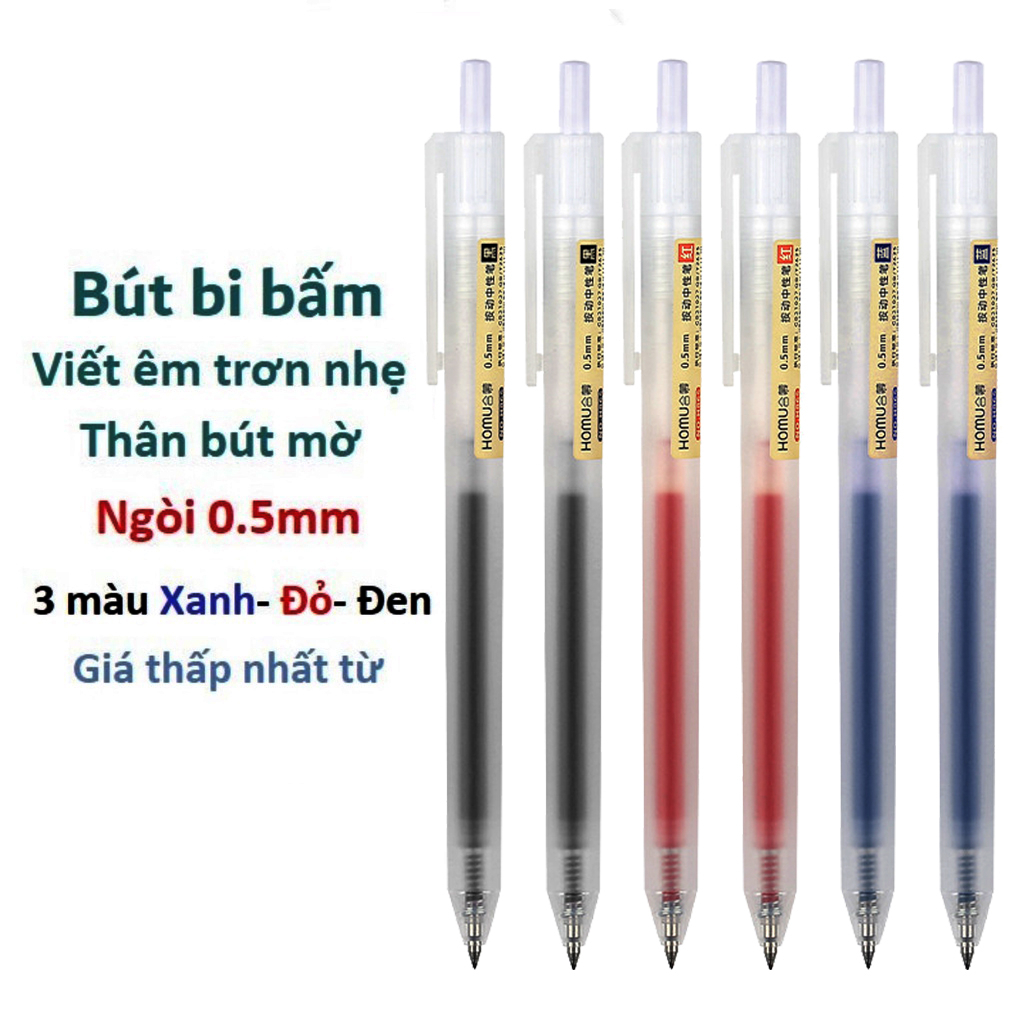 Bút bi mực gel thân mờ ngòi 0.5mm 3 màu đen đỏ viết trơn ra đều