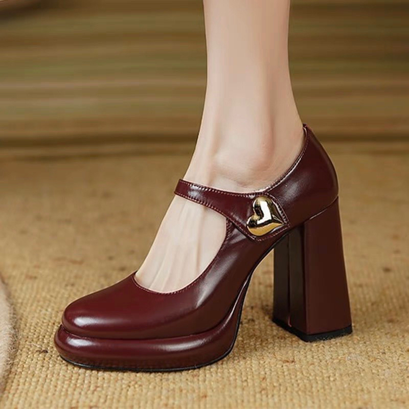 🌼ORDER 🌼 Giày đế đúp da trơn quai cài giữa mũi tròn 34-39 10cm đỏ & đen
