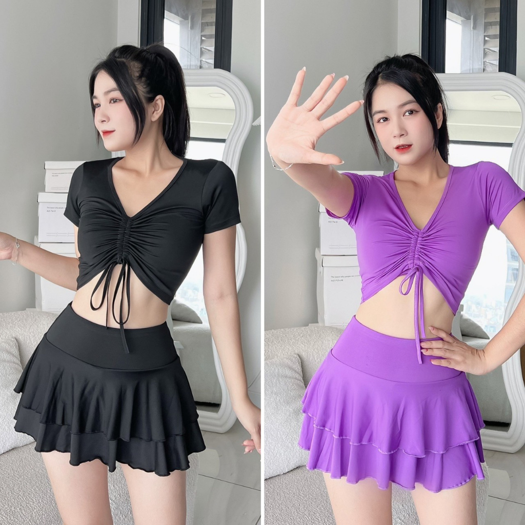 Đồ tập gym, aerobic nữ, đồ đi biển nữ, váy đi biển nữ áo có tay rút dây giữa quần chân váy xoè 2 tầng xếp ly (VAY11)