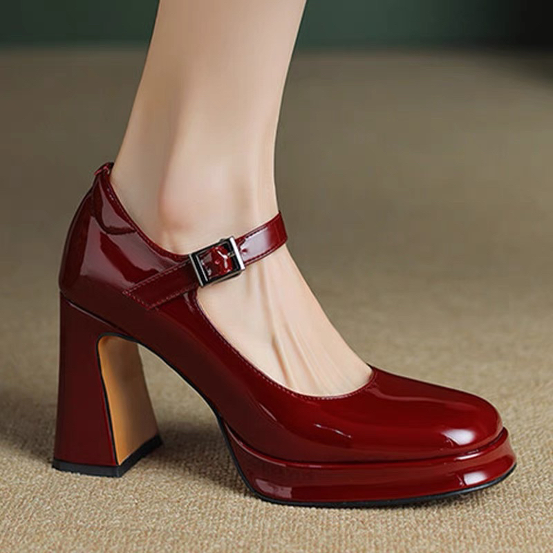 🌼ORDER 🌼 Giày đế đúp da trơn quai cài giữa mũi tròn 34-39 10cm đỏ & đen
