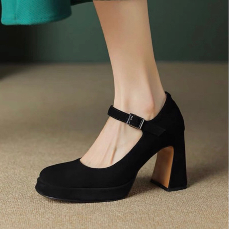 🌼ORDER 🌼 Giày đế đúp da trơn quai cài giữa mũi tròn 34-39 10cm đỏ & đen