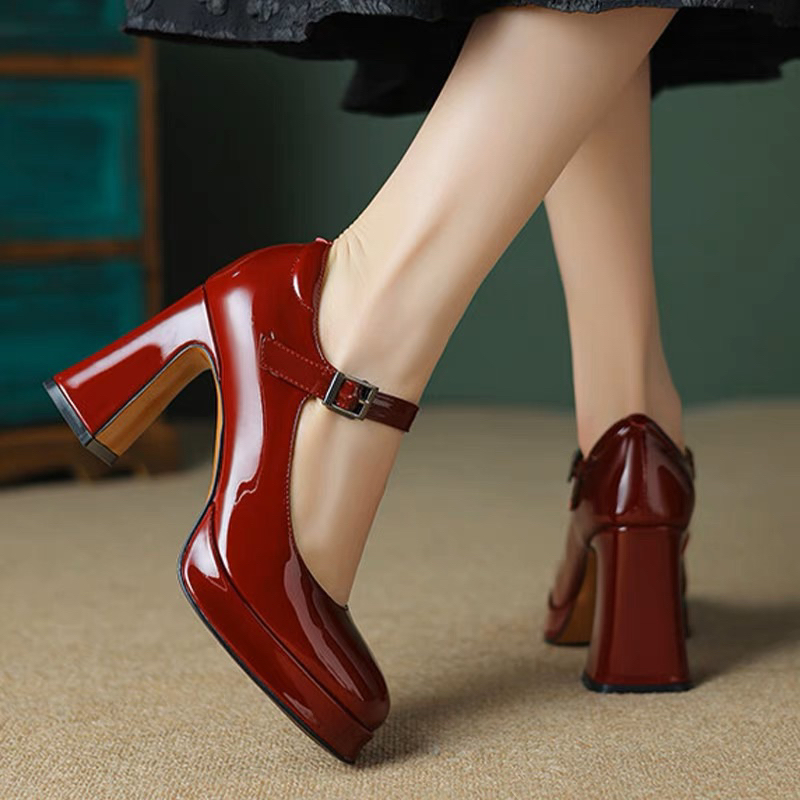 🌼ORDER 🌼 Giày đế đúp da trơn quai cài giữa mũi tròn 34-39 10cm đỏ & đen