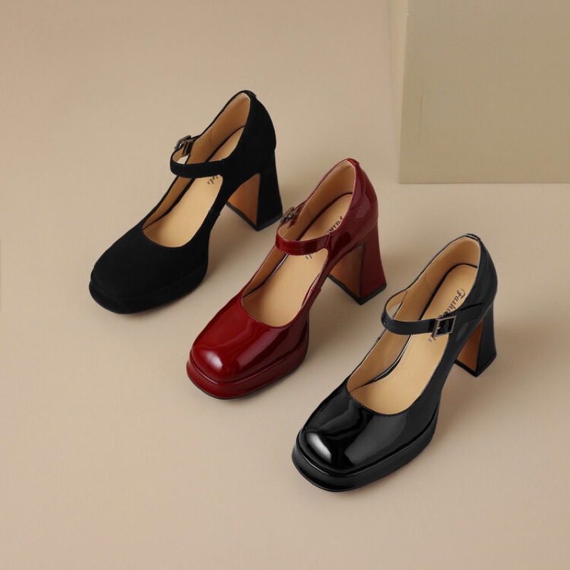 🌼ORDER 🌼 Giày đế đúp da trơn quai cài giữa mũi tròn 34-39 10cm đỏ & đen