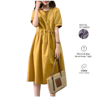 Đầm Đũi nữ dáng suông ngắn tay cổ bèo nhăn, có dây chỉnh eo phong cách trẻ trung Đũi Việt