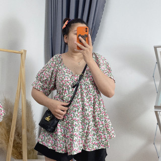 Áo babydoll Bigsize CÔ NHỎ nữ 73-95kg hoạ tiết hoa có chun sau freesize AH1