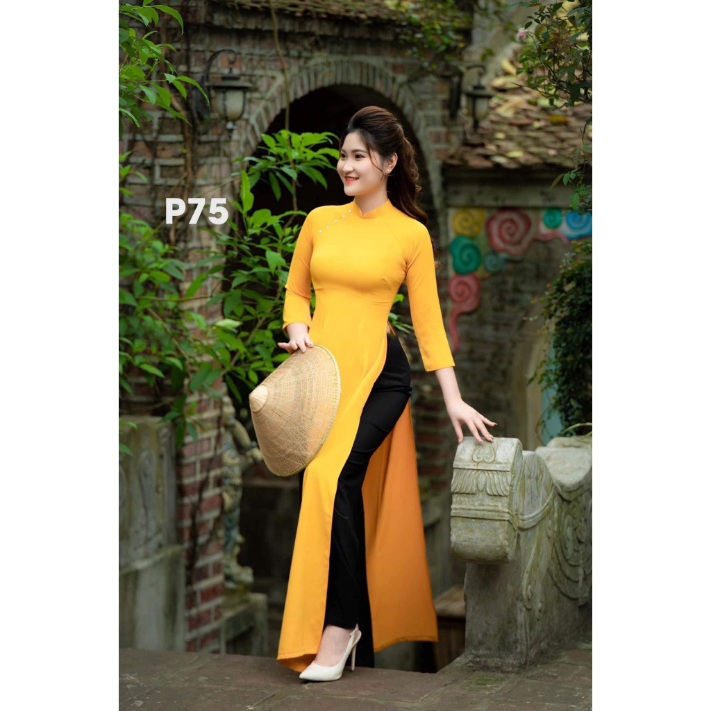 Áo dài vàng ĐÍNH NGỌC sang chảnh, vải lụa mỹ cao cấp, dày dặn, mềm mịn (không phải voan mỏng)