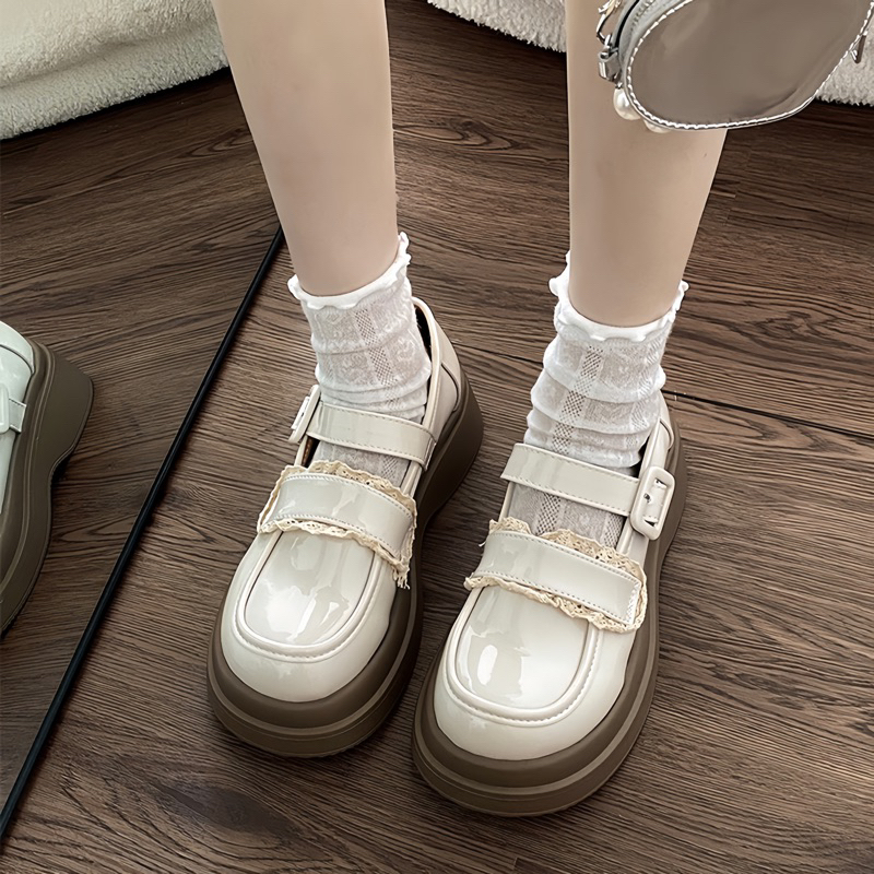 Giày lolita nữ quai cài phối ren, giày búp bê quai ngang da bóng