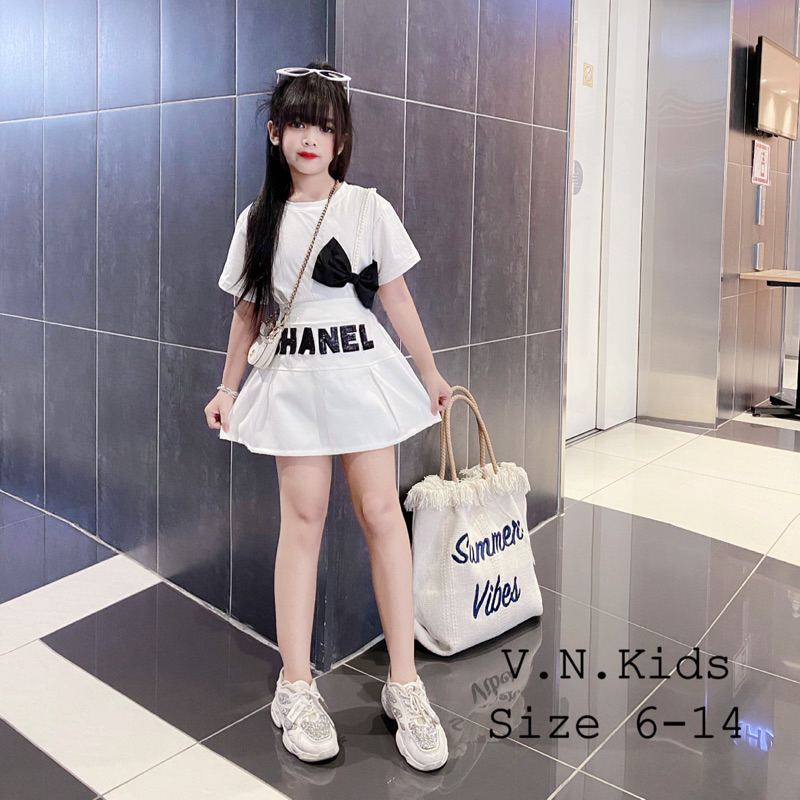 Set áo nơ + quần váy HANEL thêu kimsa cho Bé size đại 18kg-41kg