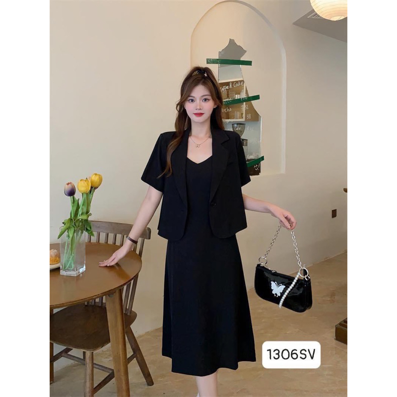 Áo Blazer Ngắn Tay Mix Cùng Váy 2 Dây Dáng Suông Phong Cách Thanh Lịch Mặc Đi Chơi Đi Làm Siêu Xinh | BigBuy360 - bigbuy360.vn