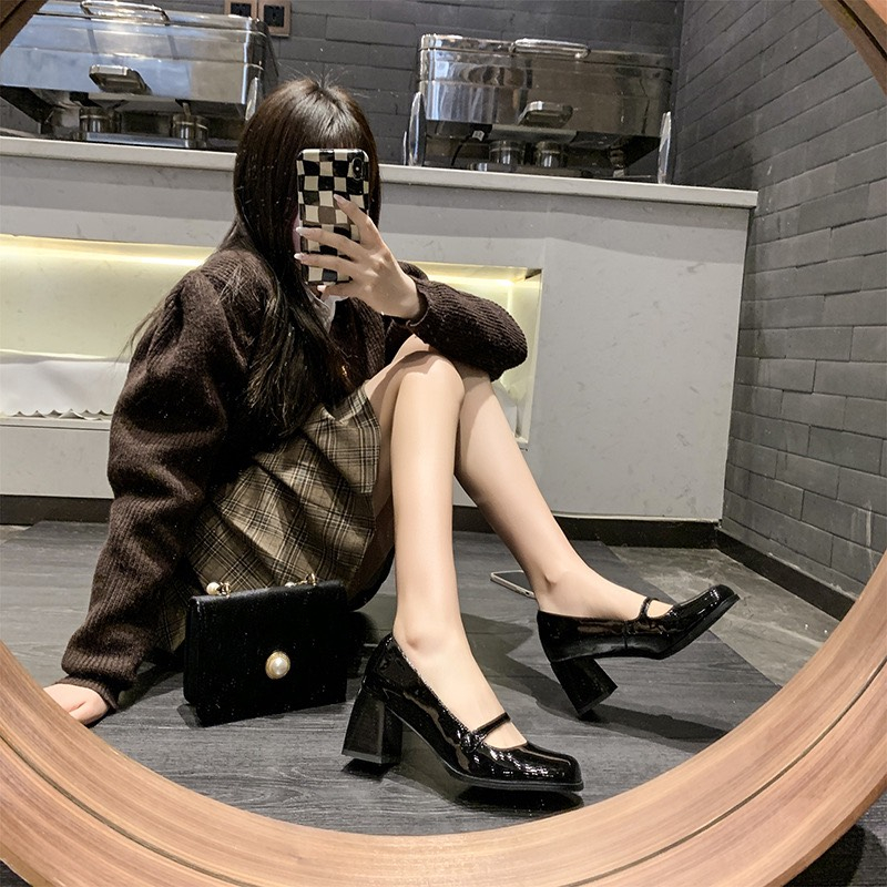 Hàng loại 1 Giày cao gót mũi vuông da bóng đế 7cm sang chảnh