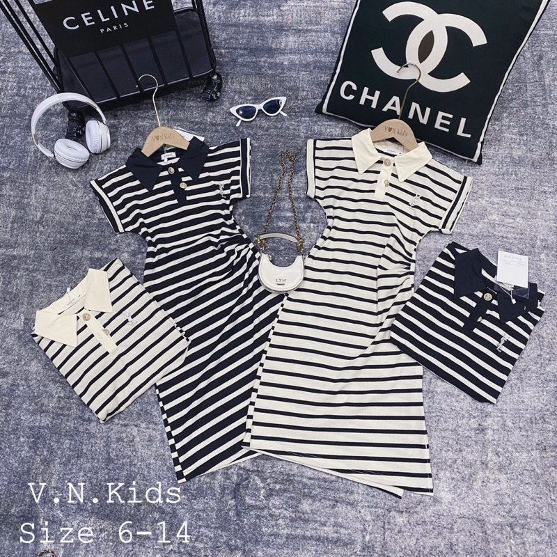 Váy Polo kẻ dúm eo sang chảnh cho Bé size đại 17kg-42kg