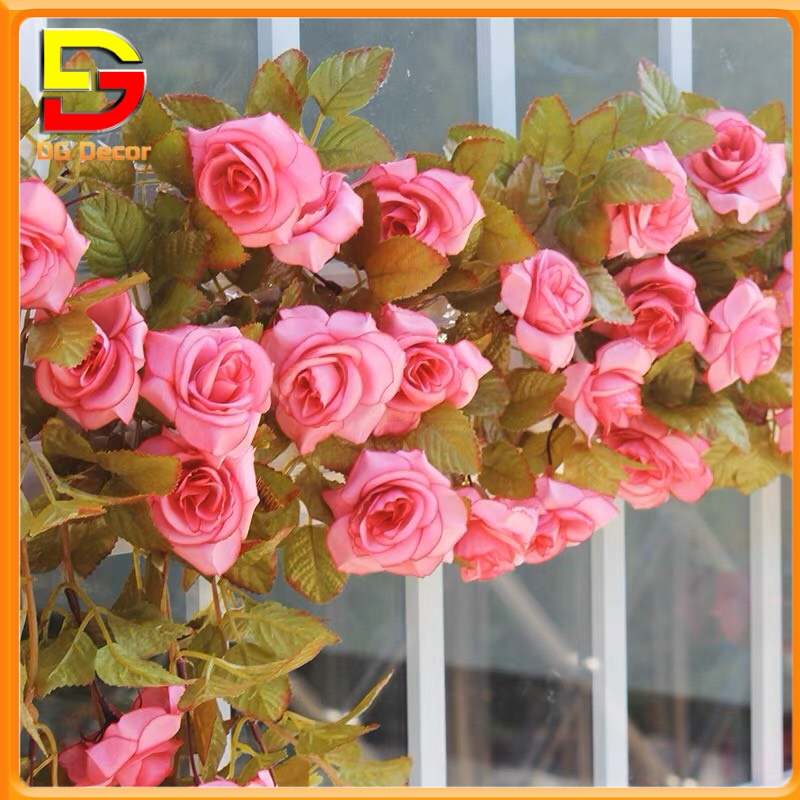 Dây hoa hồng leo cao cấp 17 bông dài 2m3 Hoa giả trang trí ban công sân vườn DC-178