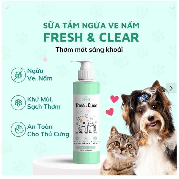 Sữa tắm chó mèo ngừa ve rận Diva Fresh & Clear chai 250ml