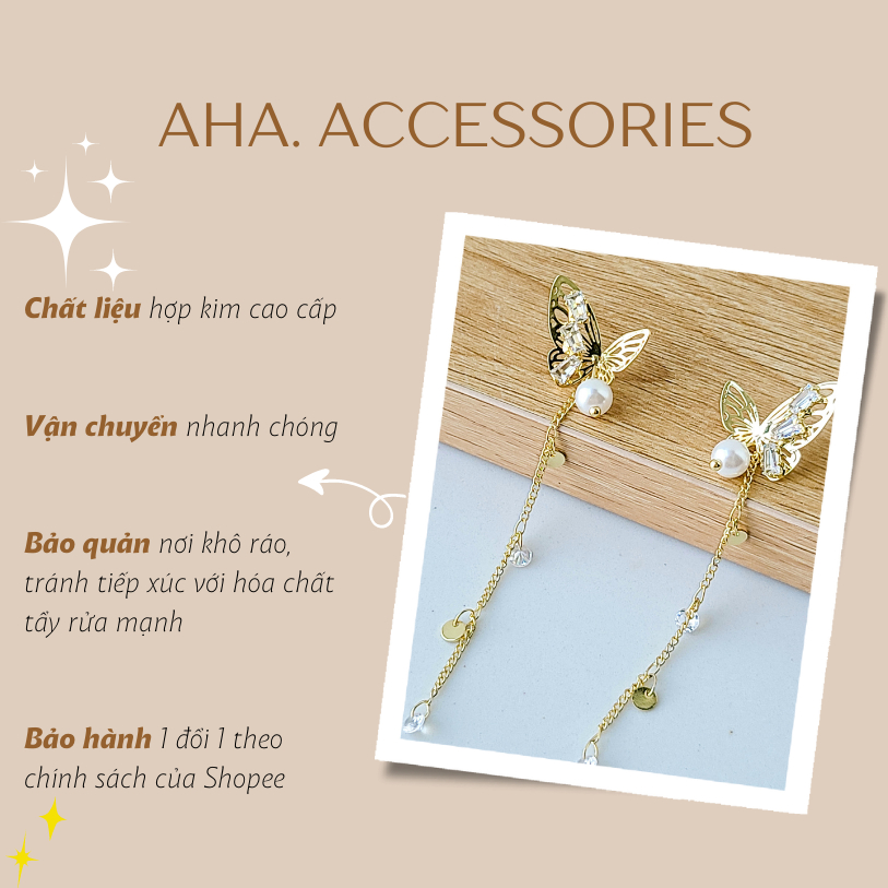 Khuyên tai nữ dáng dài Aha Accessories hình bướm chất liệu hợp kim màu vàng KT-BD1