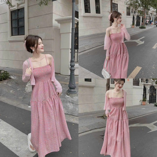 Đầm váy nữ 2 dây sọc caro dáng dài mix áo khoác siêu xinh dành cho nàng nàng đi chơi,đi biển thời trang nữ MOON