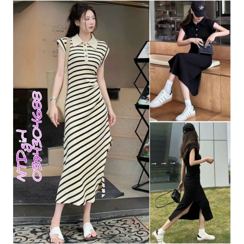 Hàng nhập - Đầm dáng ôm thun kẻ chéo cổ polo trắng, váy body form dài tay ngắn sát nát xẻ tà 1 bên