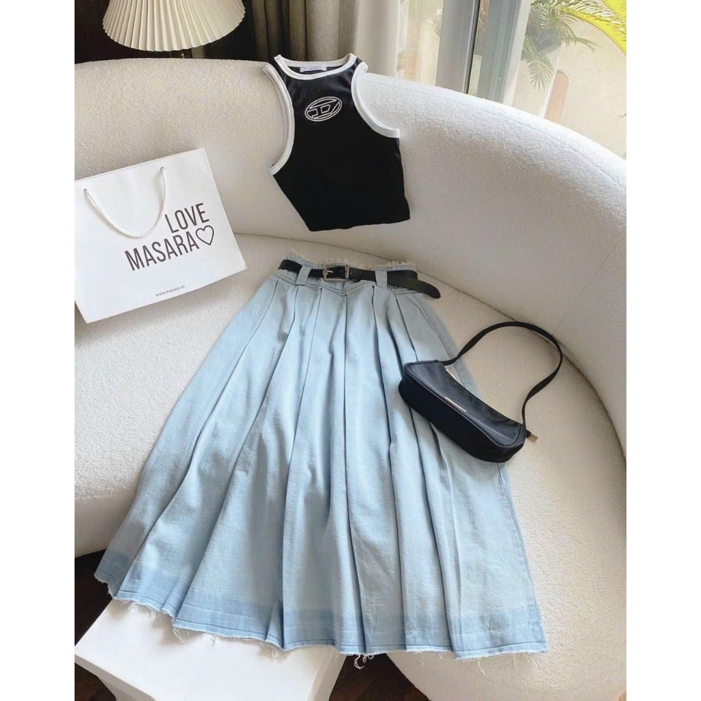 SET CROP ĐEN VIỀN 3 LỖ CHÂN VÁY JEAN MIDI XẾP LY