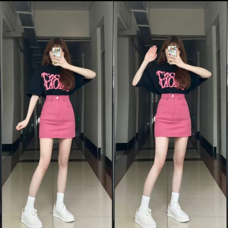 Set áo thun váy jean hồng ngắn (Bigsize 80kg) (Sẵn)