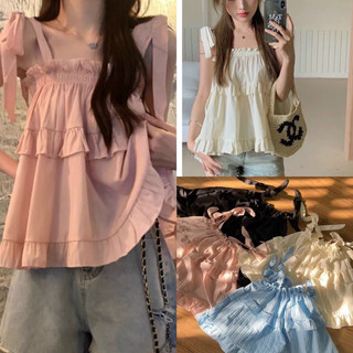 Áo babydoll buộc nơ vai thiết kế phối viền bèo 4 màu pastel nữ - thun 2 dây kiểu dáng bánh bèo tiểu thư hotgirl