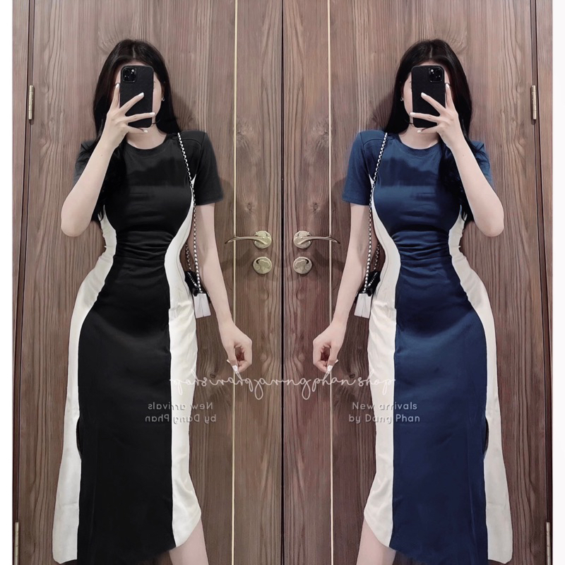 Đầm Tay Ngắn Cổ Tròn Phối Trắng To Dọc Hai Bên Hông