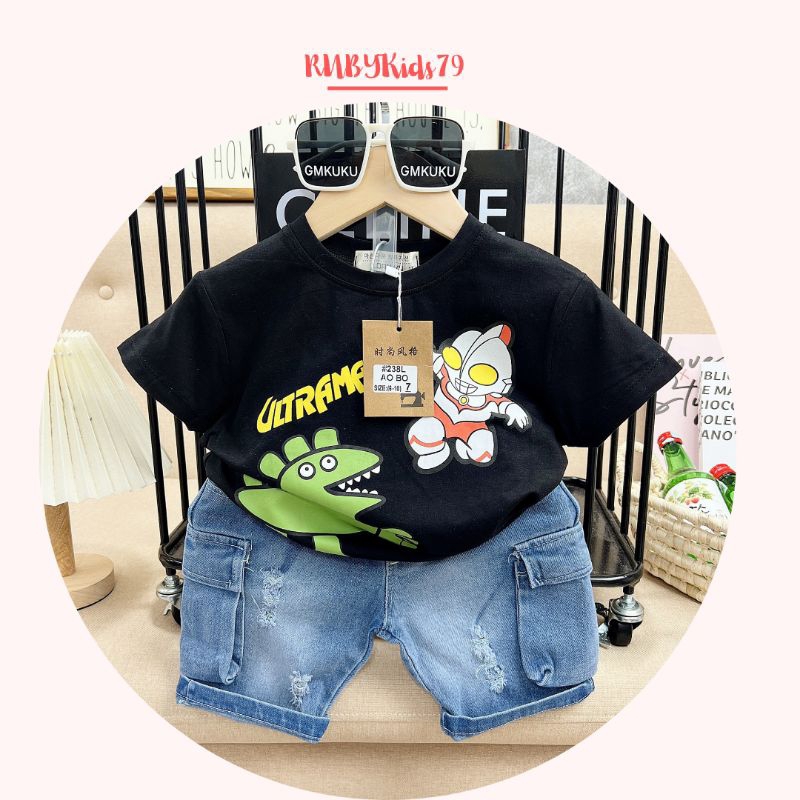 Quần jean cho bé trai kèm áo thun cho bé trai họa tiết dễ thương - rubykids