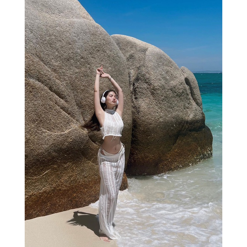 (2721-LiLyBikini) SET ÁO + VÁY TRẮNG LEN LƯỚI