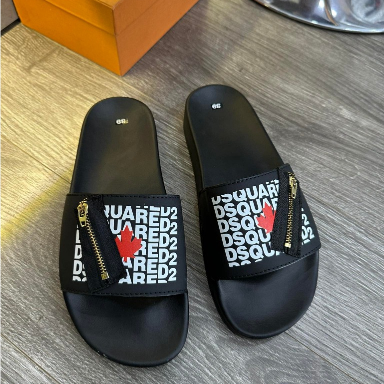 Dép lê quai ngang DSQ2 Khóa Chéo, DSQ Khóa Zip Lá Phong Đỏ Hàng nét chuẩn HOT HIT 2023