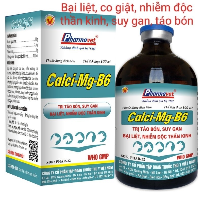 Calci mg b6 (Canxi/ Canci) 100ml trị bại liệt, co giật, yếu chân, té gió, táo bón, chướng hơi vật nuôi