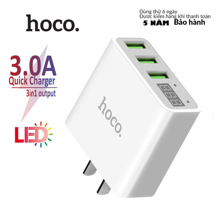 Củ sạc 3 cổng Hoco C102A QC 3.0A 28,5 W đèn Led báo sạc được thiết kế dạng chấu dẹt theo tiêu chuẩn quốc tế