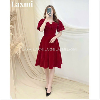 Đầm nữ đi tiệc tay phồng, váy xòe nữ dáng xếp ly đính cườm có 2 màu sang trọng
