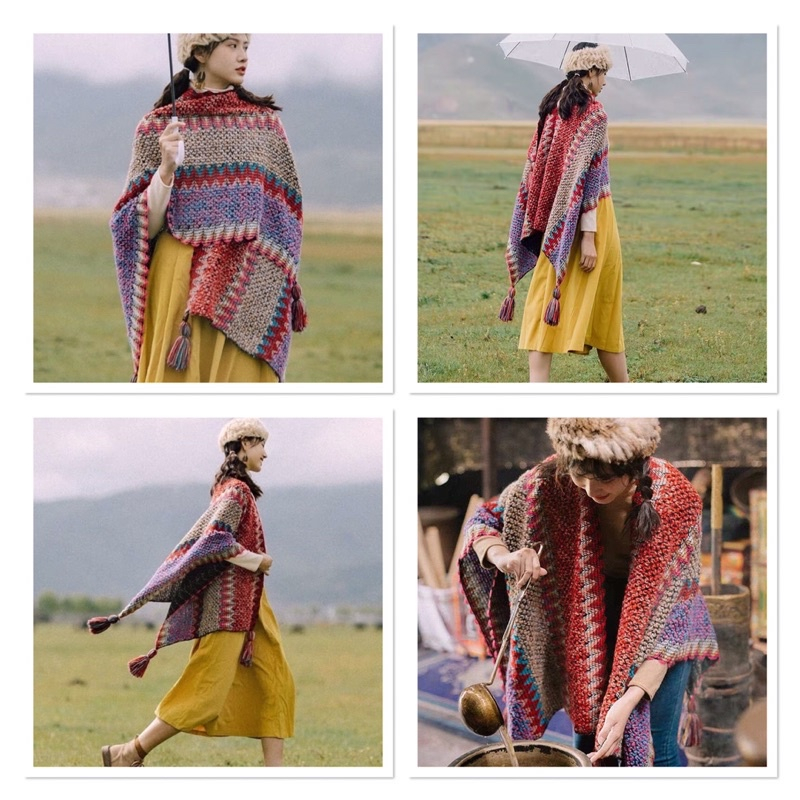 Áo choàng len thổ cẩm cho nữ mùa thu đông khoác ngoài có tua rua phong cách boho dân tộc cổ điển - AC0203 The Collar Box