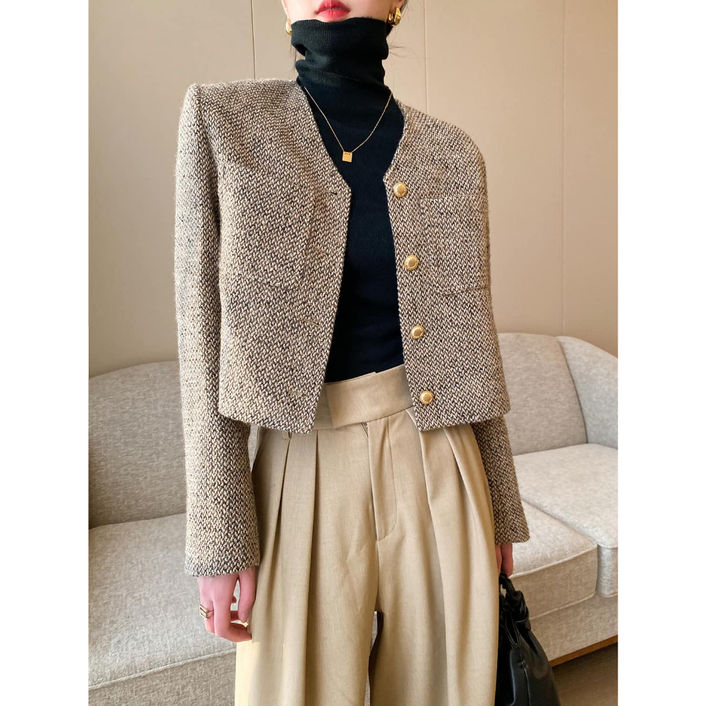 Áo khoác blazer dạ tweed nâu form lửng-oRD