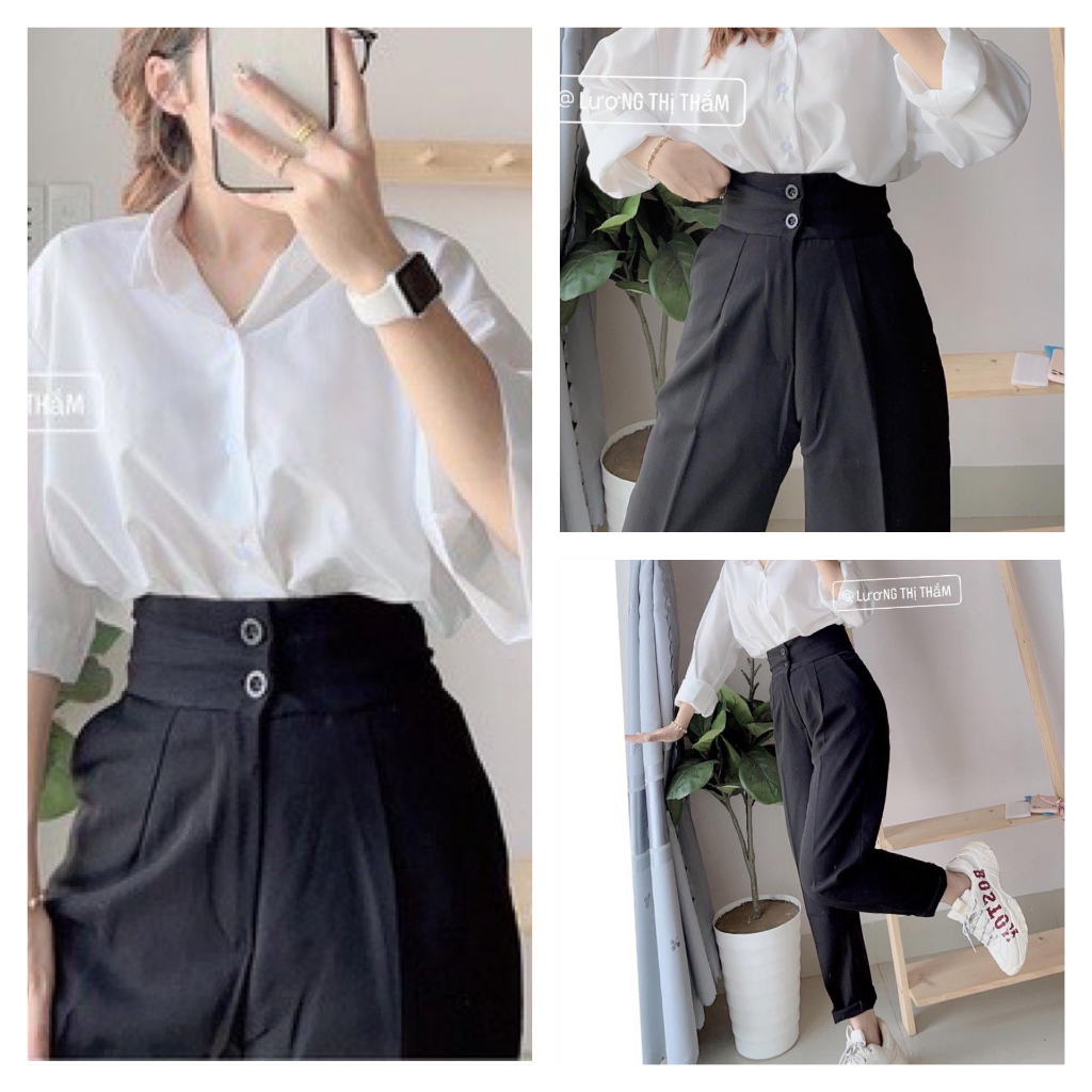 Quần Tây Nữ Lưng Cao Đi Học Quần Vải Baggy Cạp 2 Cúc Siêu Cao Nữ Mặc Làm Công Sở Màu Đen Tuyết Mưa Co Giãn Nhẹ