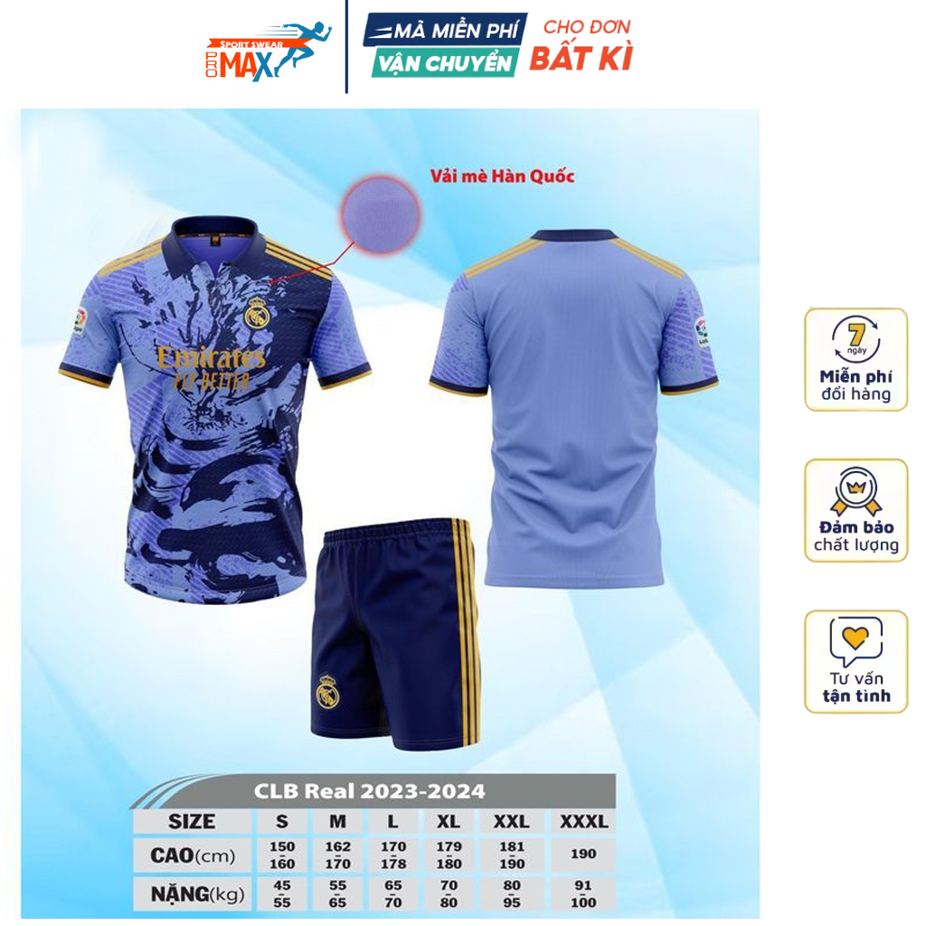 Quần áo bóng đá real madrid đồ đá banh mẫu mới thun lạnh co giãn thoáng mát 2023 2024