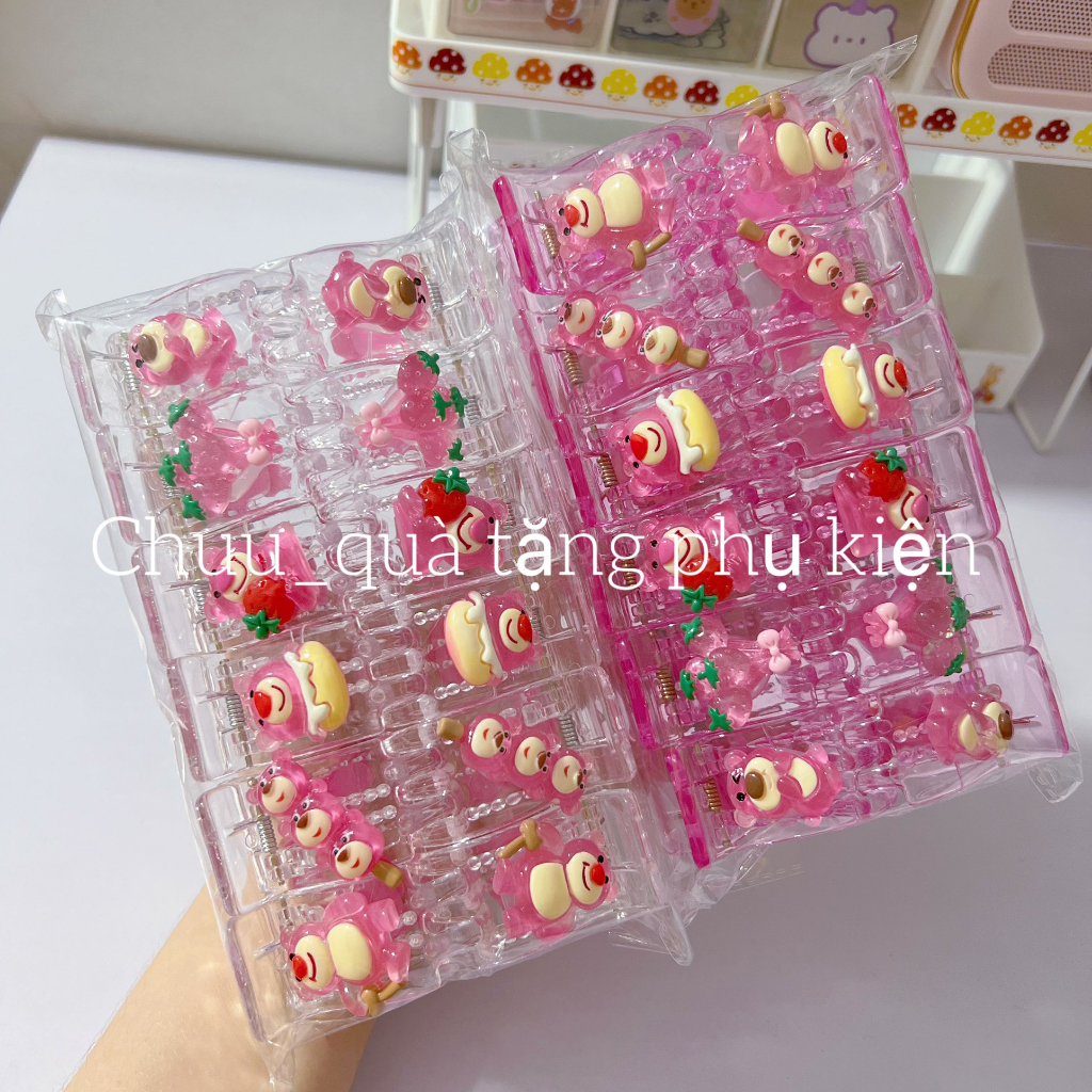 [ sỉ ] lố 12 kẹp càng cua 3 răng 5 răng màu trong suốt đính charm gấu dâu đáng yêu.