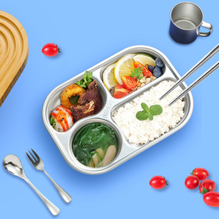 Khay Chia Cơm 4 Ngăn Cỡ Nhỏ Cho Nhân Viên Văn Phòng-Khay Sâu Lòng Inox 304 Cao Cấp Có Nắp Nhựa