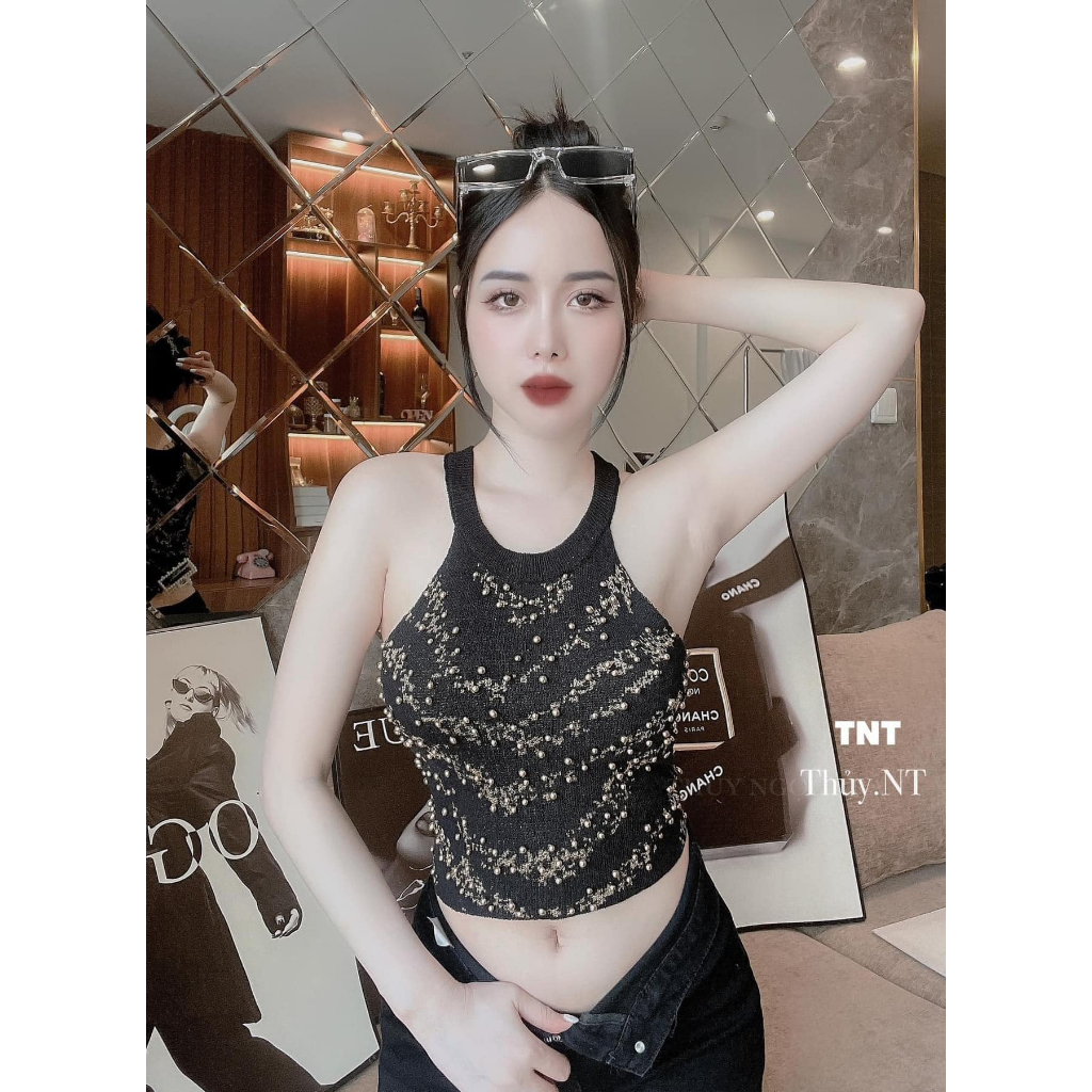Áo len yếm đính ngọc croptop 2 màu (kèm ảnh thật và video)