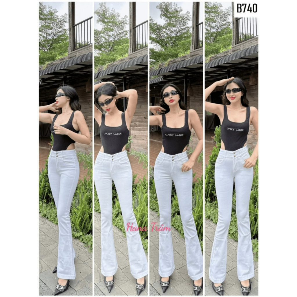 Quần jean dài nữ ống bass lưng cao 2 nút mẫu trơn co giãn mạnh màu trắng
