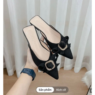 Giày sục nữ nơ xinh mũi nhọn form hơi rộng đế 3cm vài xốp xinh xắn