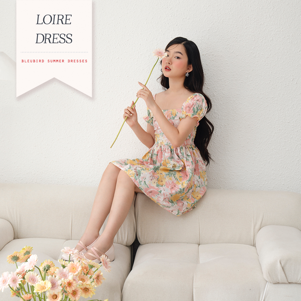 BLEUBIRD Váy thô hoa chun lưng dáng xòe Loire Dress