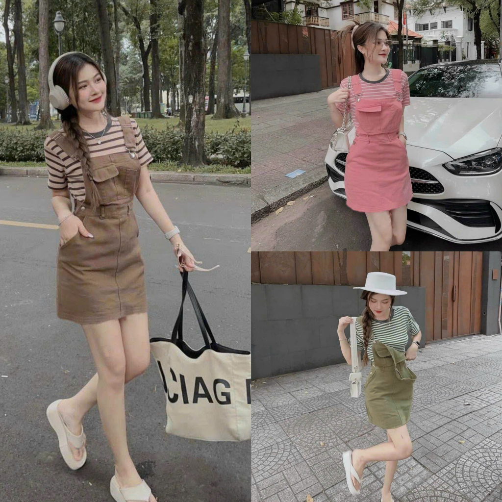 Set chân váy nữ công chúa dáng yếm hai dây mix áo ngắn tay kẻ sọc xinh xắn, đáng yêu