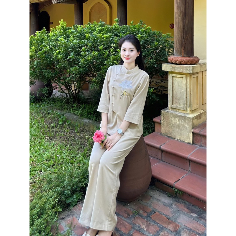 (Kèm Ảnh Thật)Bộ phật tử cài chéo thêu hoa sen