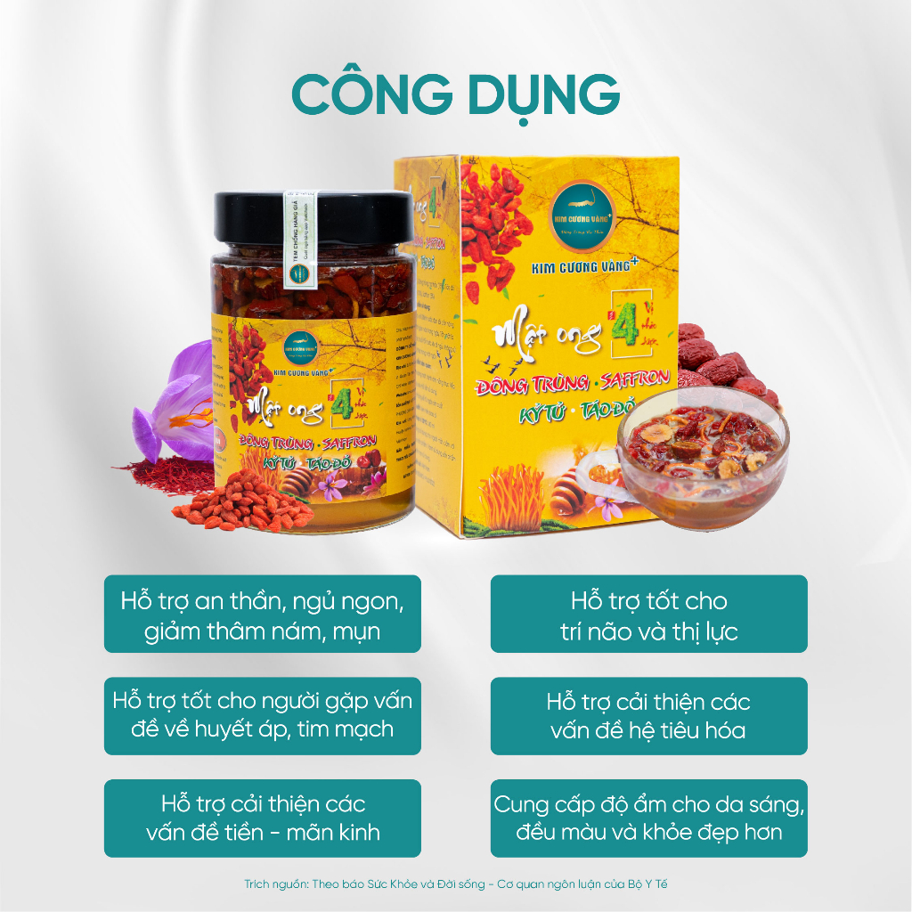 Mật Ong Đông Trùng Hạ Thảo Táo Đỏ Kỷ Tử Saffron Dưỡng Da Kim Cương Vàng 380ml