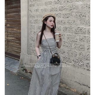 Váy maxi quây kẻ chun lưng