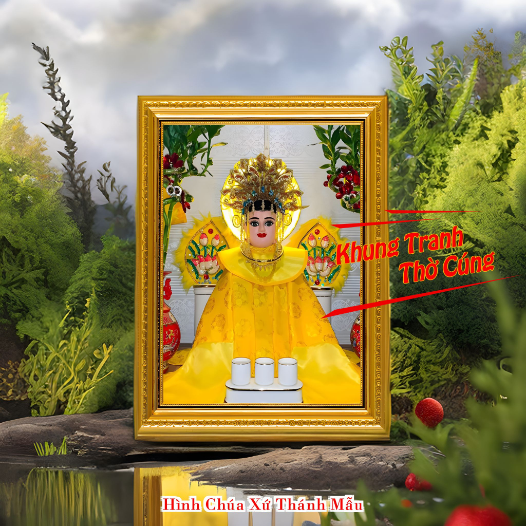 Hình thờ, Tranh treo, để bàn, Bà Chúa Xứ Thánh Mẫu Nguyên Nhung+ gồm Khung + ép plastic đầy đủ kích thước