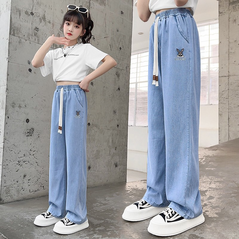 (25-35kg) quần jean dài ống suông cho bé gái vải mềm co giãn
