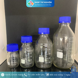 Chai thủy tinh trung tính, chai thủy tinh trắng, nắp vặn xanh, kẻ vạch trắng 25ml 50ml 250ml 500ml 1000ml