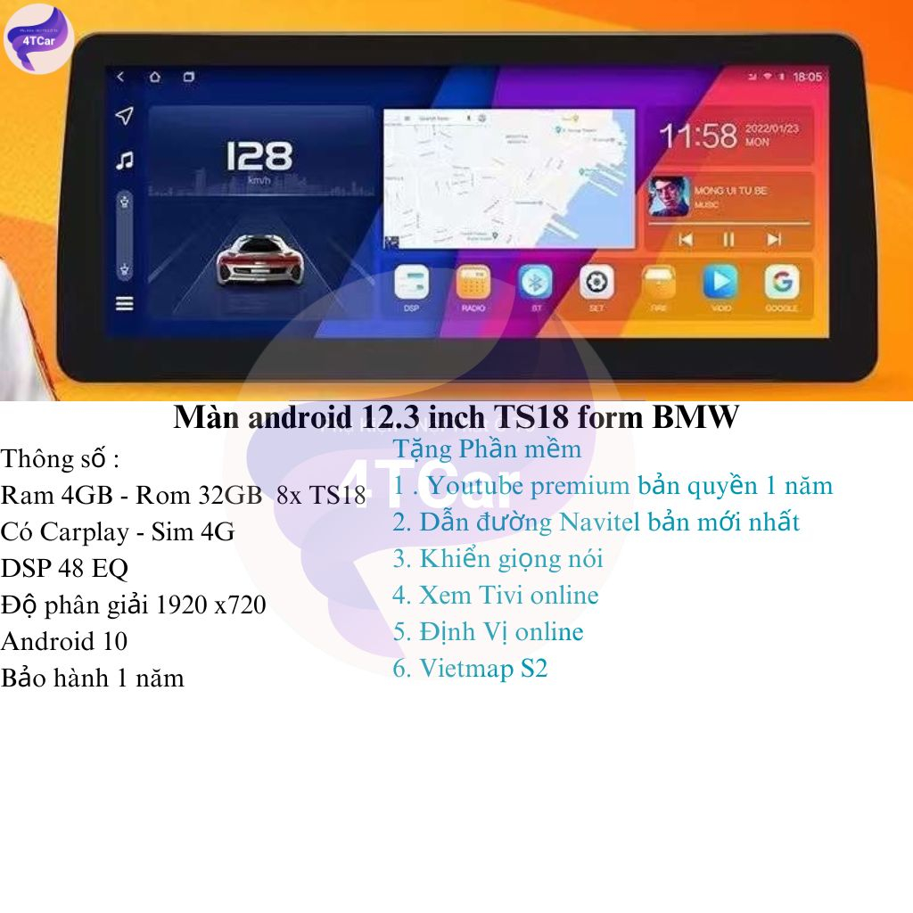Màn Hình Android ô tô kích thước 12.3 inch Form MEC - Form BMW cấu hình 4-32GB 8x chạy sim 4G